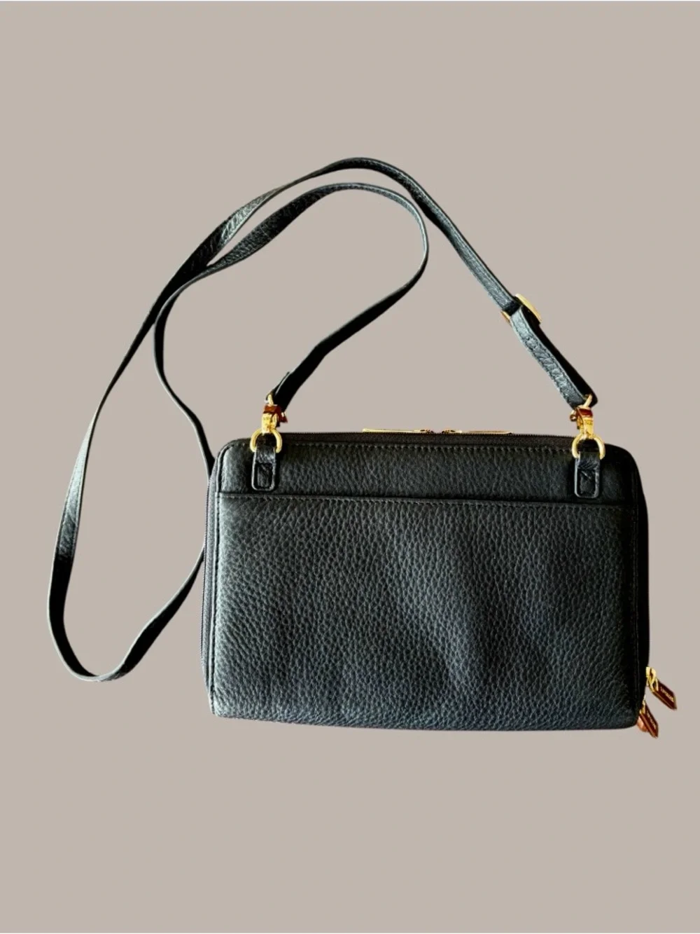 Levenger Black Pebbled Leather Crossbody with Gold Hardware